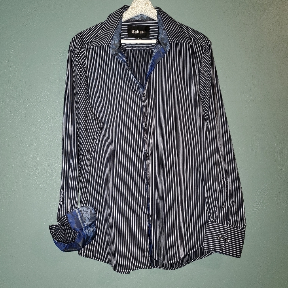 CULTURA men's navy & white LS button-up